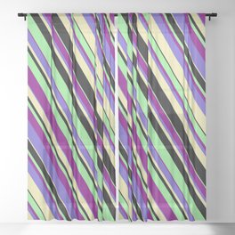 [ Thumbnail: Light Green, Purple, Slate Blue, Pale Goldenrod, and Black Colored Lines/Stripes Pattern Sheer Curtain ]