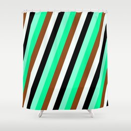 [ Thumbnail: Colorful Aquamarine, Green, Brown, Mint Cream & Black Colored Striped Pattern Shower Curtain ]