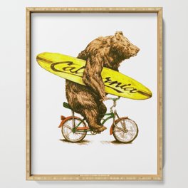California bear with bicycle and surfboard for surfers Serving Tray