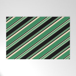 [ Thumbnail: Bisque, Sea Green, Dark Sea Green, and Black Colored Lined Pattern Welcome Mat ]