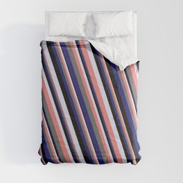 [ Thumbnail: Eye-catching Lavender, Light Coral, Dim Gray, Midnight Blue & Black Colored Striped/Lined Pattern Comforter ]