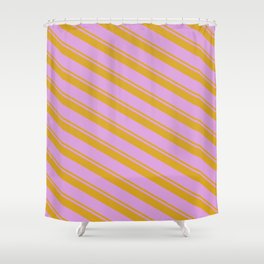 [ Thumbnail: Goldenrod & Plum Colored Stripes Pattern Shower Curtain ]