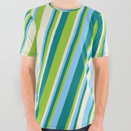 [ Thumbnail: Teal, Green, Beige & Light Sky Blue Colored Stripes/Lines Pattern All Over Graphic Tee ]