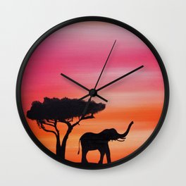 African sunset safari elephant silhouette painting Wall Clock