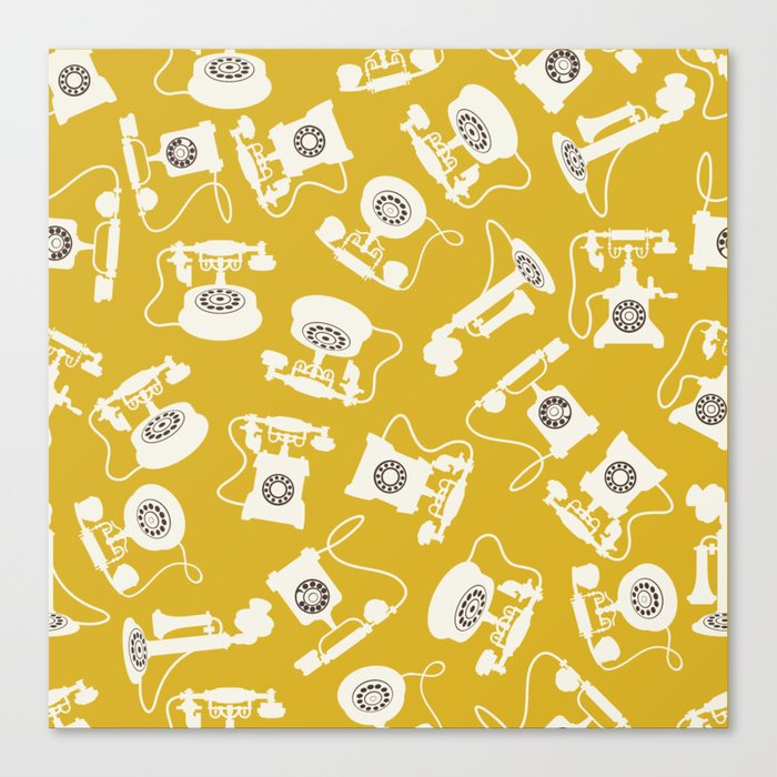 Vintage Rotary Dial Telephone Pattern on Antique Yellow Orange Canvas Print