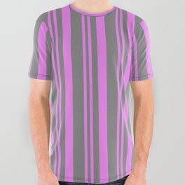 [ Thumbnail: Violet & Gray Colored Stripes Pattern All Over Graphic Tee ]