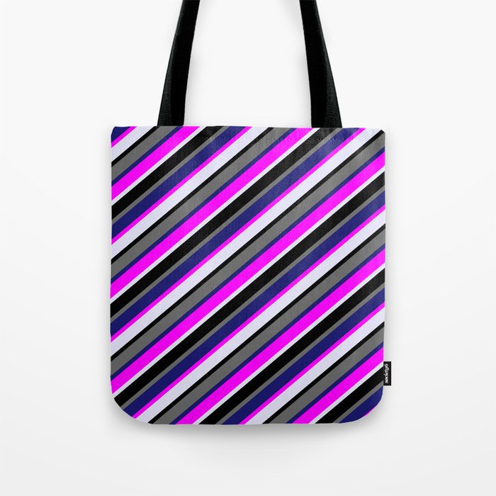 Colorful Fuchsia, Lavender, Black, Dim Grey & Midnight Blue Colored Stripes/Lines Pattern Tote Bag