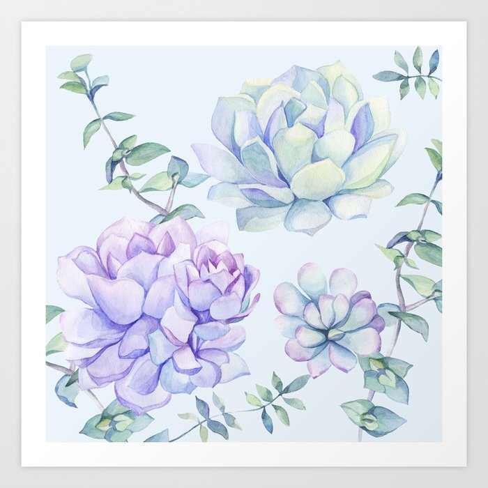Wonderful Succulents Light Blue Art Print
