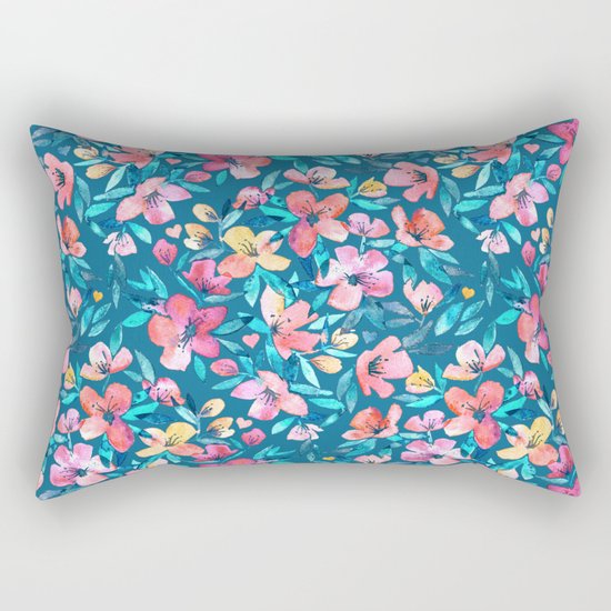 Teal Summer Floral in Watercolors Rectangular Pillow