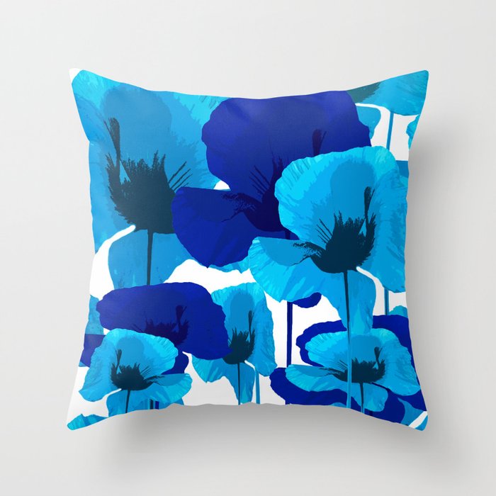 Blue And Turquoise Poppies On A White Background #decor #society6 #buyart Throw Pillow