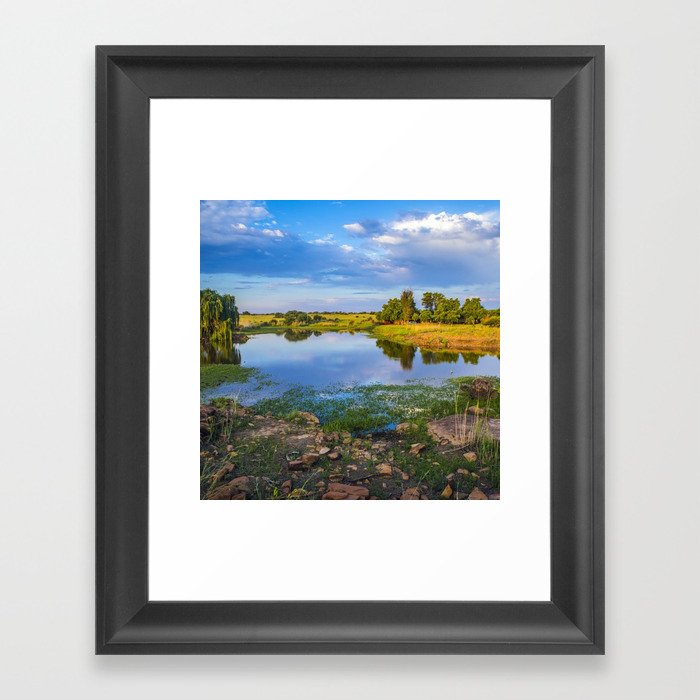 South Africa Photography - A Pond Surrounded By Yellow Fields Framed Art Print