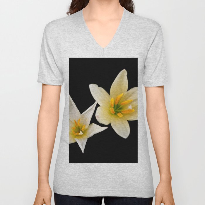 White flowers with black V Neck T Shirt
