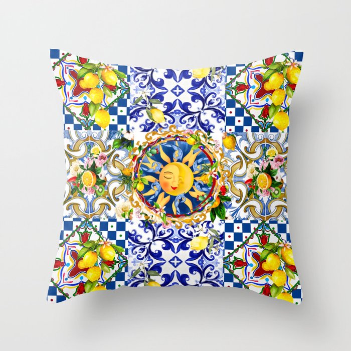 Sicilian sun,tiles,summer,majolica,lemon art Throw Pillow
