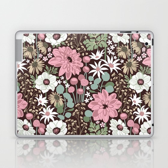 Boho garden // expresso brown background sage green cotton candy pink dry rose ivory and white flowers  Laptop & iPad Skin
