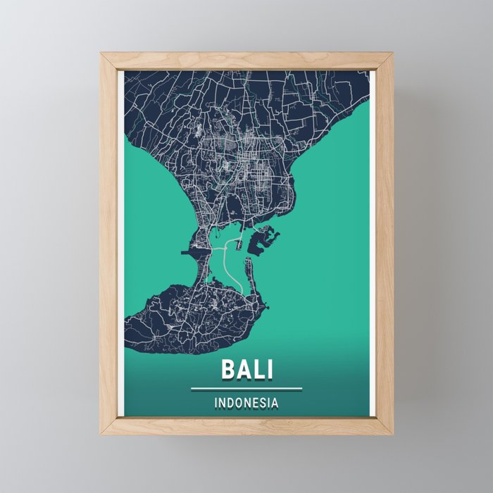 City Map Bali Indonesia Blue Dark Framed Mini Art Print