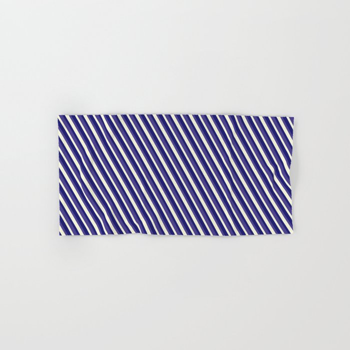 Dark Slate Blue, Beige & Midnight Blue Colored Lined/Striped Pattern Hand & Bath Towel
