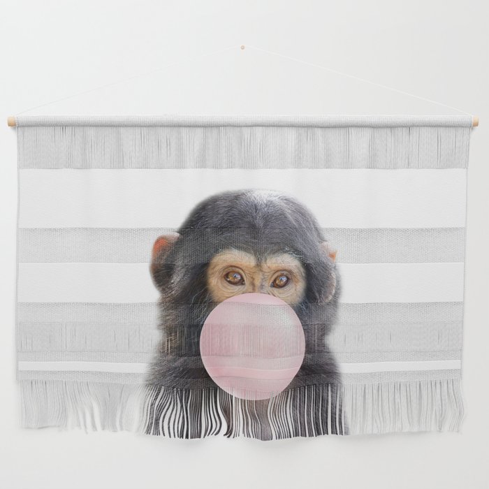 Baby Monkey Blowing Bubble Gum, Pink Nursery, Baby Animals Art Print by Synplus Wall Hanging