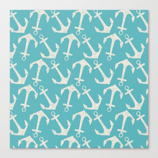 Maritime Nautical Aqua and White Anchor Pattern on #Society6 Canvas Print