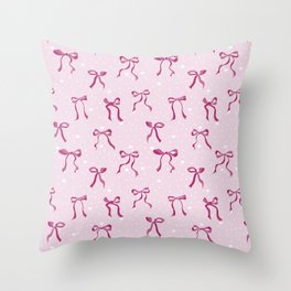 Coquette fuchsia bows on pink background with dots and hearts Throw Pillow