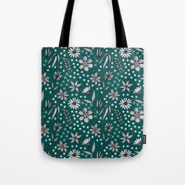 black and white floral on a dark teal background Tote Bag