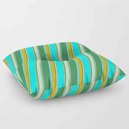 [ Thumbnail: Cyan, Orange, Sea Green, and Light Grey Colored Lined Pattern Floor Pillow ]