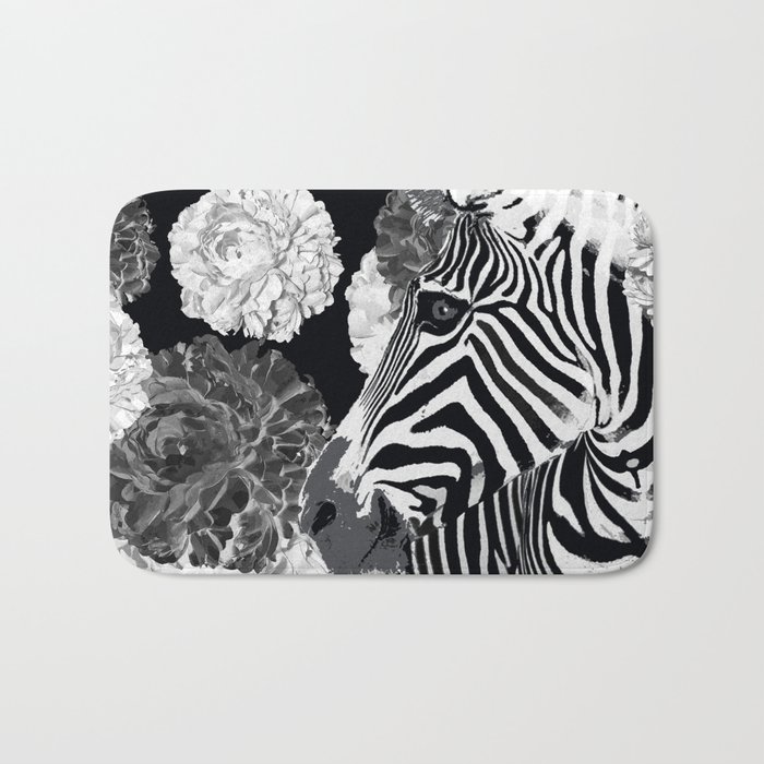 ZEBRA AND CABBAGE ROSES BLACK AND WHITE Bath Mat