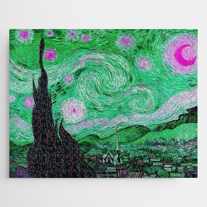 The Starry Night - La Nuit étoilée oil-on-canvas post-impressionist landscape masterpiece painting in alternate green and purple by Vincent van Gogh Jigsaw Puzzle