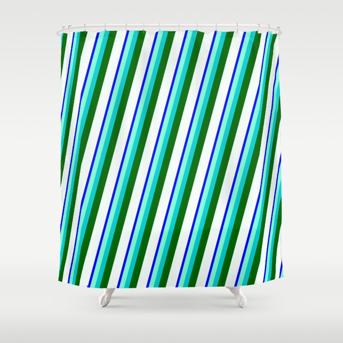 Blue, Aquamarine, Dark Turquoise, Dark Green & Mint Cream Colored Stripes/Lines Pattern Shower Curtain