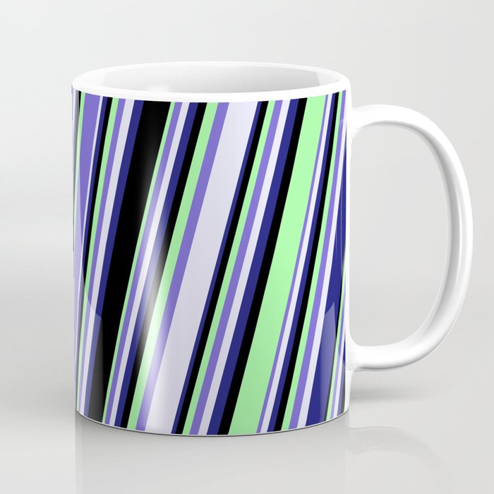 Slate Blue, Lavender, Midnight Blue, Black & Green Colored Lines/Stripes Pattern Coffee Mug
