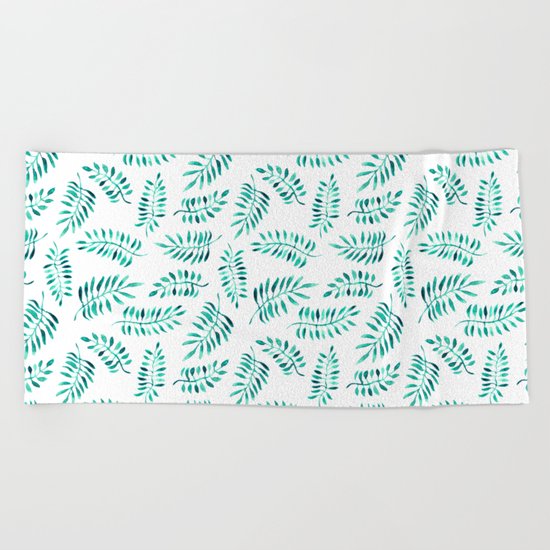 Emerald leaves || watercolor Beach Towel