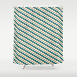 [ Thumbnail: Colorful Teal, Grey, Beige, Tan & Light Gray Colored Lined Pattern Shower Curtain ]