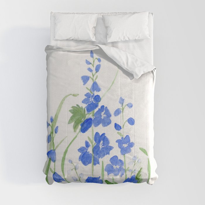 Blue Larkspur Watercolor Garden Flower Delicate Painting Comforter