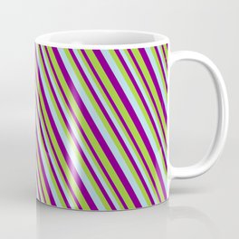 [ Thumbnail: Light Blue, Purple & Green Colored Pattern of Stripes Coffee Mug ]