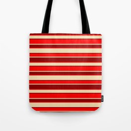 [ Thumbnail: Dark Red, Red, and Tan Colored Striped Pattern Tote Bag ]