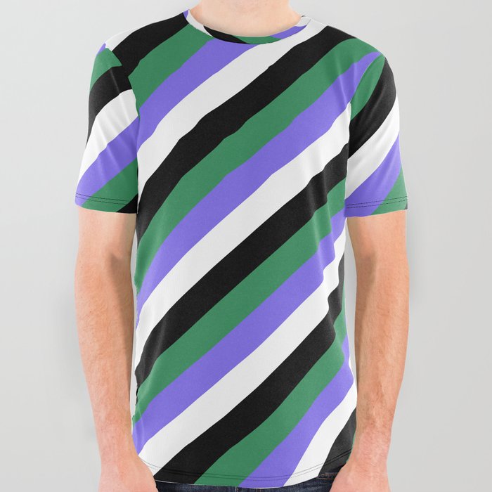 Sea Green, Medium Slate Blue, White & Black Colored Striped/Lined Pattern All Over Graphic Tee