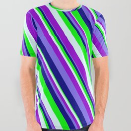 [ Thumbnail: Colorful Light Cyan, Dark Violet, Medium Slate Blue, Blue & Lime Colored Lined Pattern All Over Graphic Tee ]