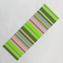 [ Thumbnail: Light Pink, Dark Grey, Dark Olive Green, and Chartreuse Colored Lines/Stripes Pattern Yoga Mat ]