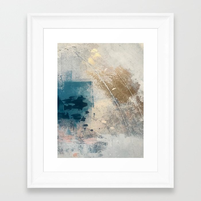 Embrace: a minimal, abstract mixed-media piece in blues and gold with a hint of pink Framed Art Print