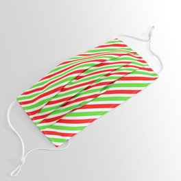 [ Thumbnail: Fun Christmas-Inspired Red, White & Green Colored Lined Pattern Face Mask ]