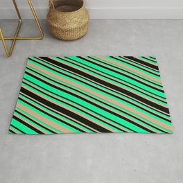 [ Thumbnail: Green, Tan, and Black Colored Striped/Lined Pattern Rug ]