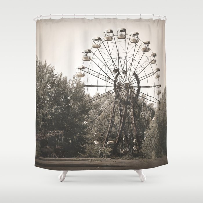 Abandoned ferris wheel in ghost city Pripyat, Chernobyl, Ukraine. Shower Curtain