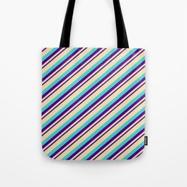 [ Thumbnail: Indigo, Tan, and Turquoise Colored Striped/Lined Pattern Tote Bag ]