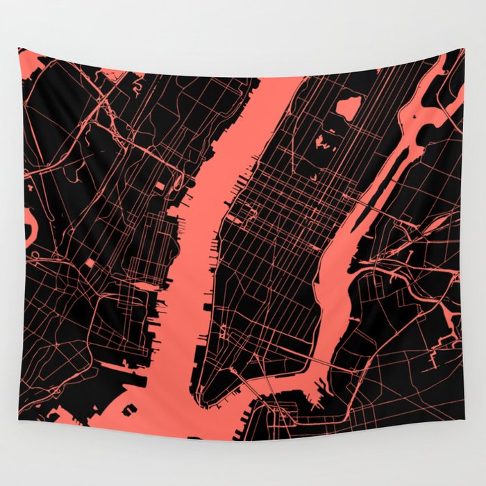 Living Coral New York City NYC Map Wall Tapestry