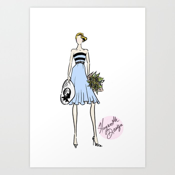 Hayworth Design Fashion Illustration "Fashionable Girl in Blue Dress with Sunflowers" Art Print