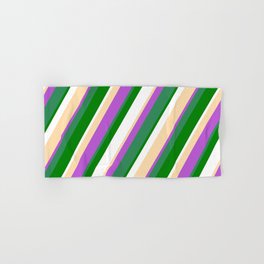 [ Thumbnail: Tan, Orchid, Sea Green, Green & White Colored Stripes/Lines Pattern Hand & Bath Towel ]