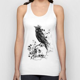 Black raven with skull and crow, skeleton eucaliptus leaves, black and white Unisex Tank Top