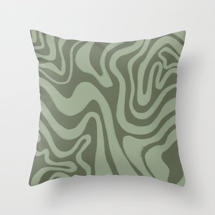 60s Retro Liquid Swirl in Olivine + Reseda Sage Green Throw Pillow
