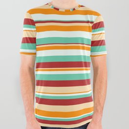 [ Thumbnail: Eye-catching Mint Cream, Aquamarine, Red, Tan & Dark Orange Colored Striped Pattern All Over Graphic Tee ]