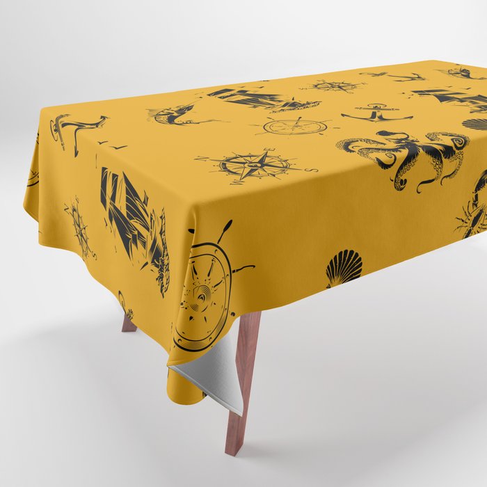 Mustard And Black Silhouettes Of Vintage Nautical Pattern Tablecloth