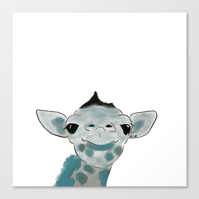 Happy Baby Giraffe // Giraffe In Watercolor Blue and Gray Canvas Print | Graphic-design, Digital, Baby-giraffe, Giraffe, Animals, Blue, Gray, Grey, Cute, Adorable
